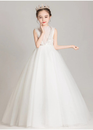 Beaded Ivory Lace Tulle Flower Girl Dress Communion Dress